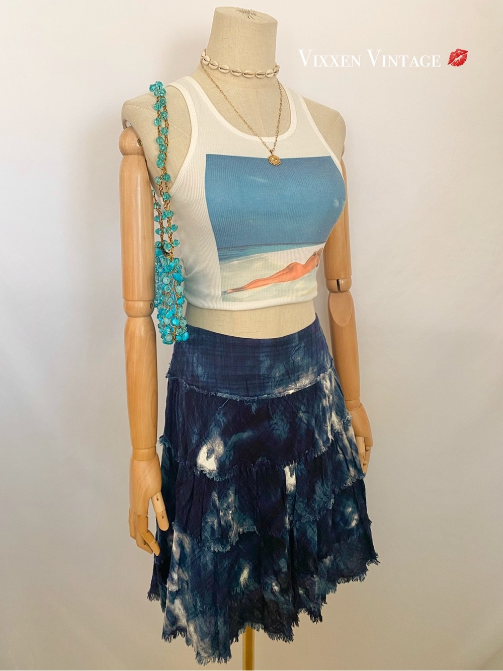 VINTAGE Y2K ISDA & CO. DROP WAIST TIE DYE PLAID FRAYED TIERED SKIRT IN NAVY